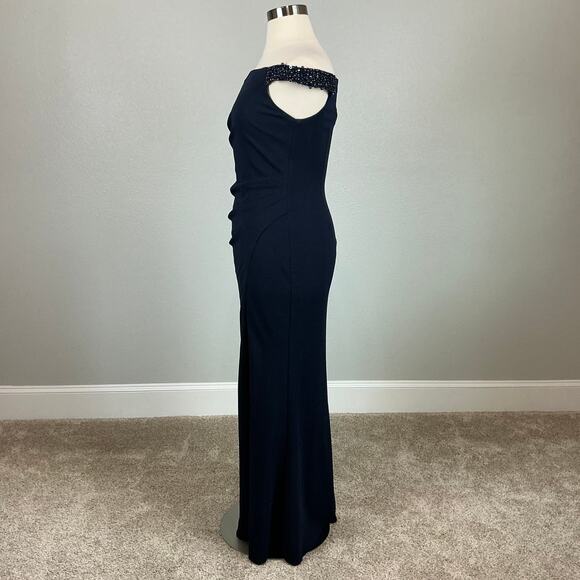 Adrianna Papell Beaded Off the Shoulder Evening Gown Blue Size 16 Thigh Slit - Picture 5 of 14